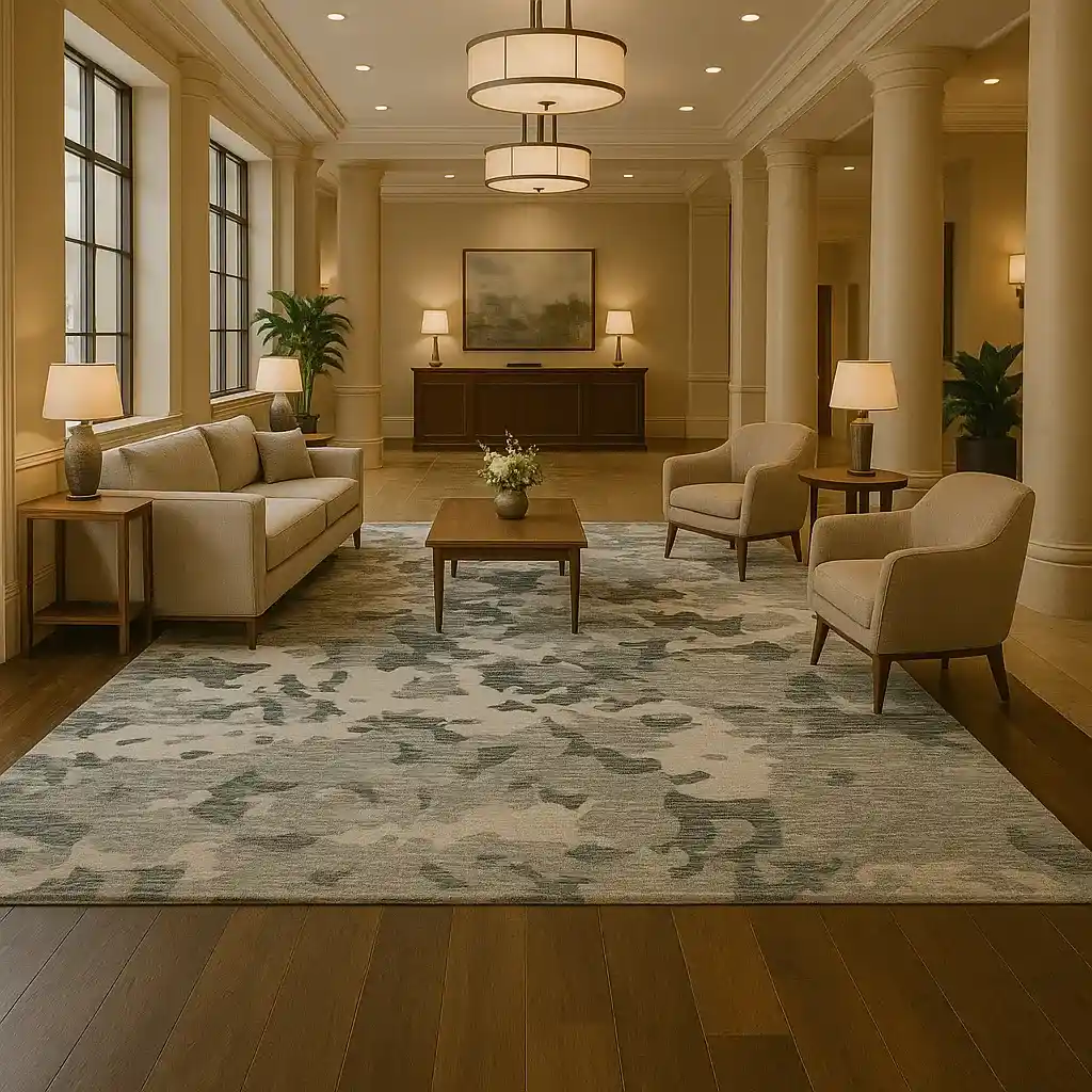 Durable handmade commercial area rug in hotel lobby 1