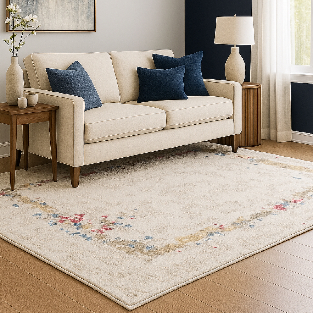 Handmade commercial rug placed in a luxury hotel room interior
