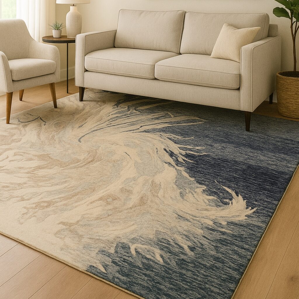 Soft, high-quality commercial rug in cozy hotel suite setting