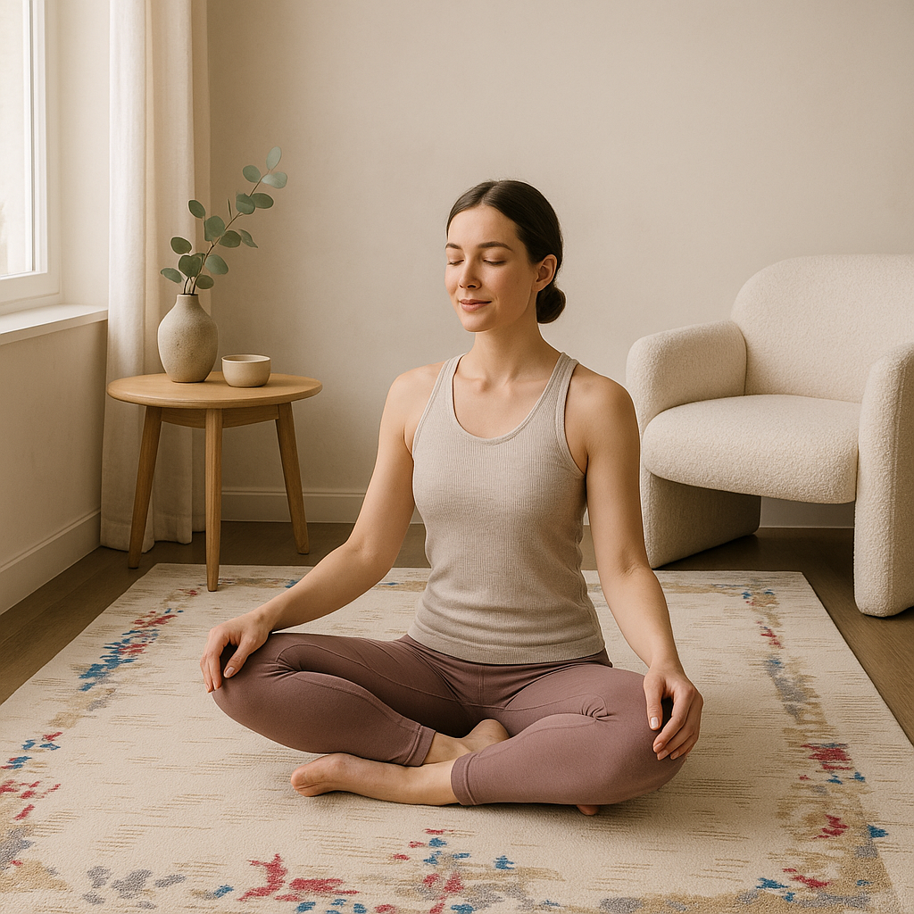 Handmade area rugs for yoga and home decor from Hasida Rugs Collection in a serene indoor space
