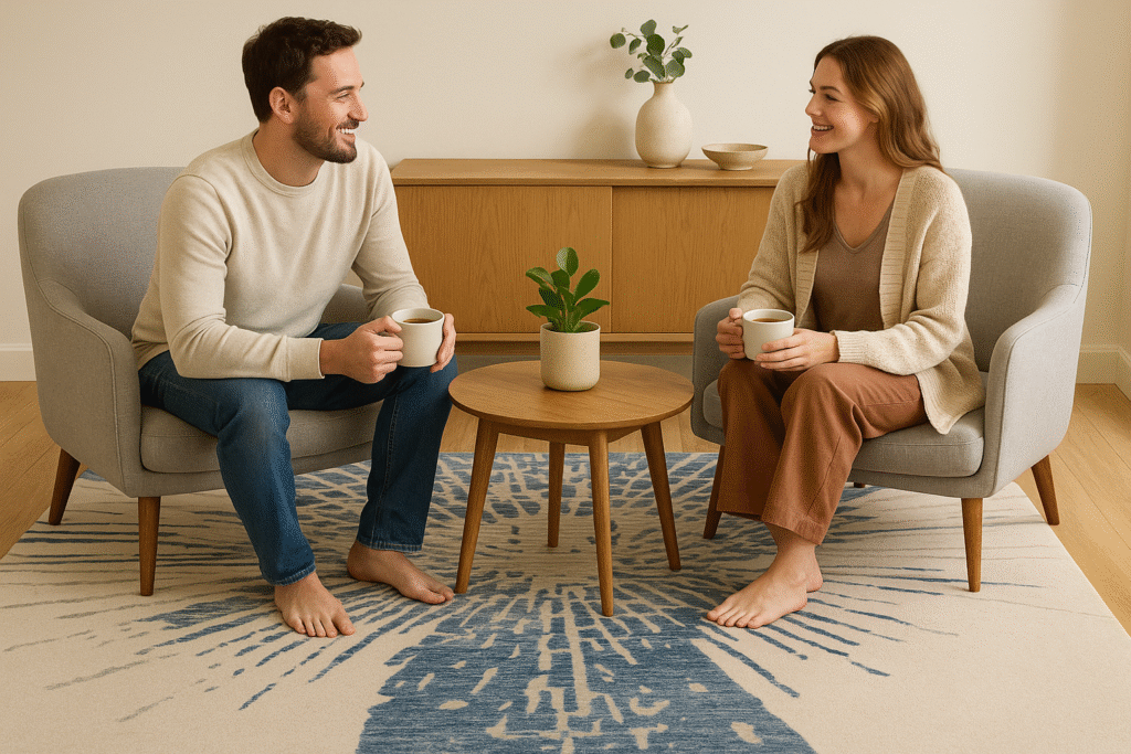 Sustainable handmade Indian rug in a cozy reading nook with cushions and coffee setup