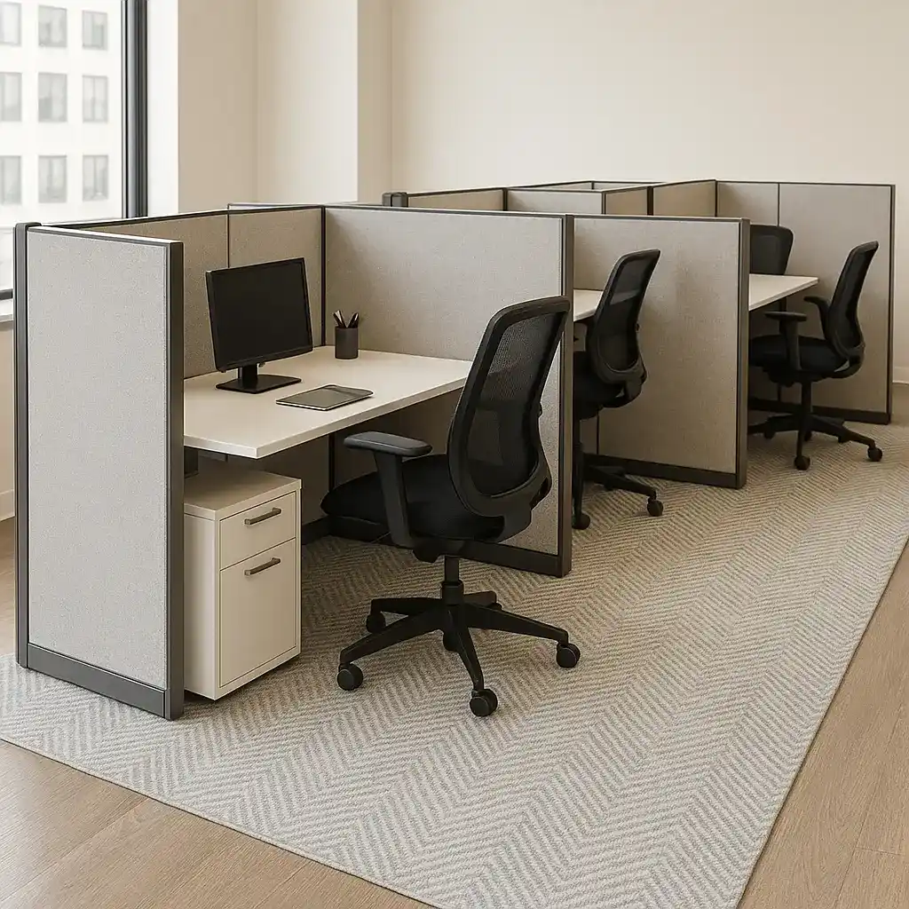 Modern workspace featuring premium office rugs under workstations for sound absorption and zoning 2 1