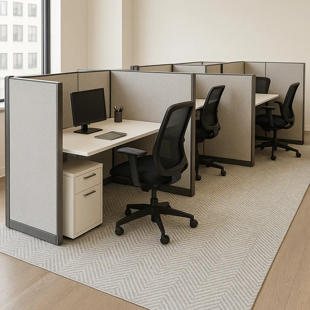 Modern workspace featuring premium office rugs under workstations for sound absorption and zoning.