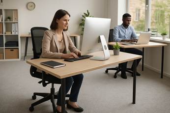 Spacious office with wall-to-wall rug flooring in textured neutral tones.