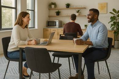 Collaborative meeting corner with a compact round table and branded rug beneath.