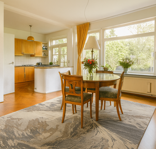 Tufted wool rug in dinner area- Hasida Rug Collection