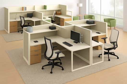 Custom-designed office space showcasing tailored rugs and ergonomic furniture.