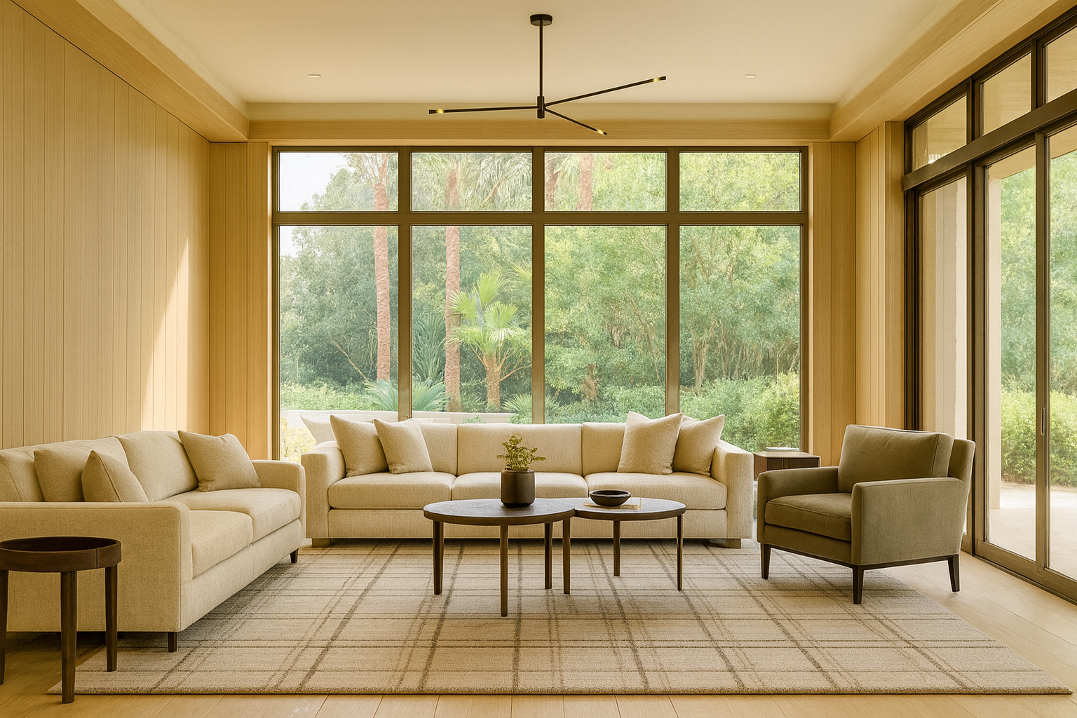Cozy living room with dark gray sofa, wooden chair, round coffee table, and a checkered area rug in neutral tones