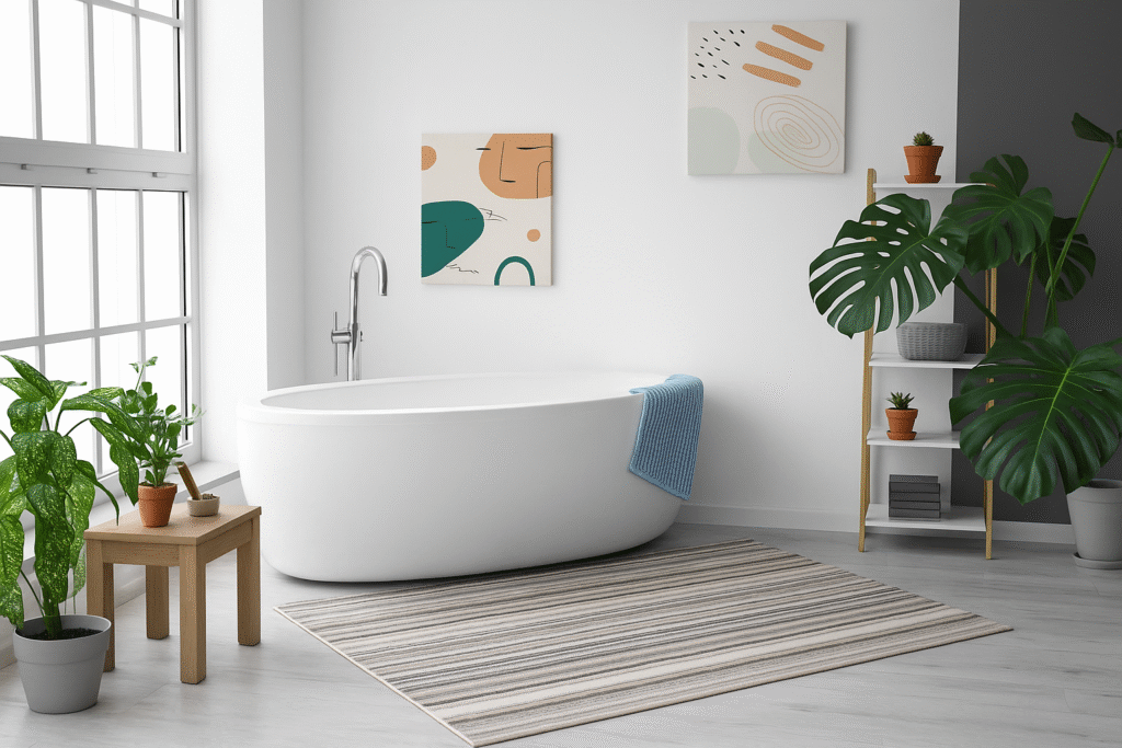 Modern bathroom with freestanding bathtub, wooden vanity, black fixtures and a chevron-patterned beige rug adding texture to the serene space.