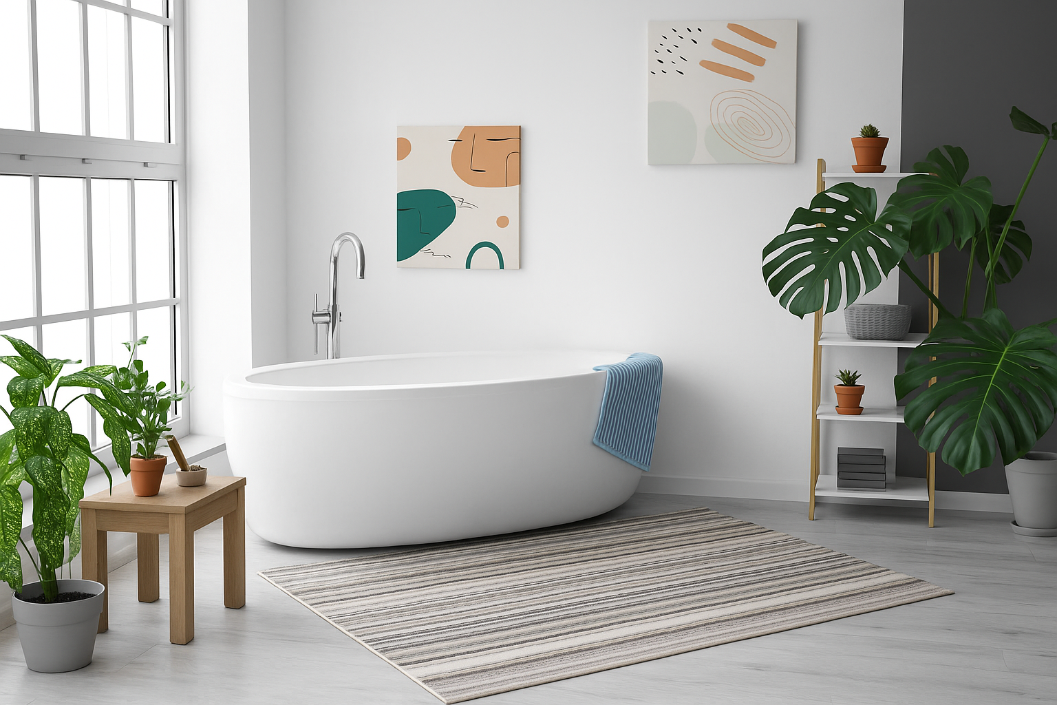 Modern bathroom with freestanding bathtub, wooden vanity, black fixtures and a chevron-patterned beige rug adding texture to the serene space.