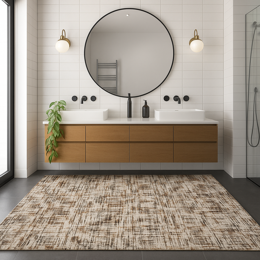 Contemporary bathroom featuring a wooden vanity, white bathtub, neutral-toned rug, woven stool and potted plant for a natural, warm look.