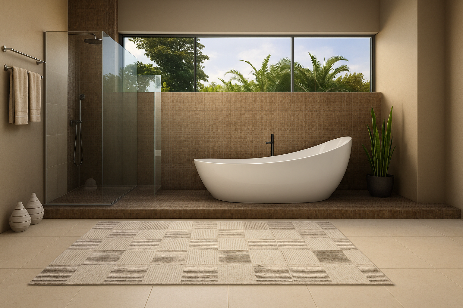 Minimalist bathroom with a light wood floating vanity, white basin sink, freestanding bathtub, indoor plant and a striped beige bath rug on tiled floor.