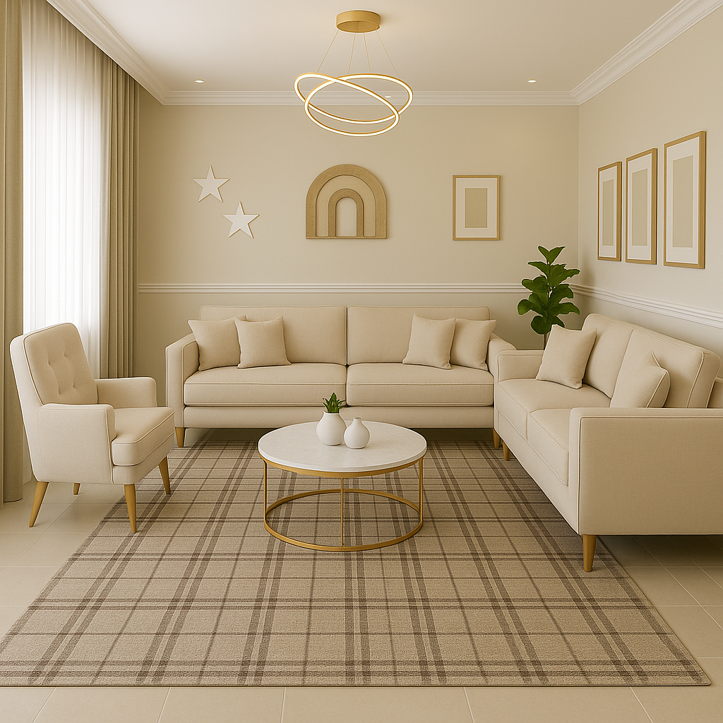 Modern living room with neutral geometric pattern rugs, hand-tufted design and luxury home décor