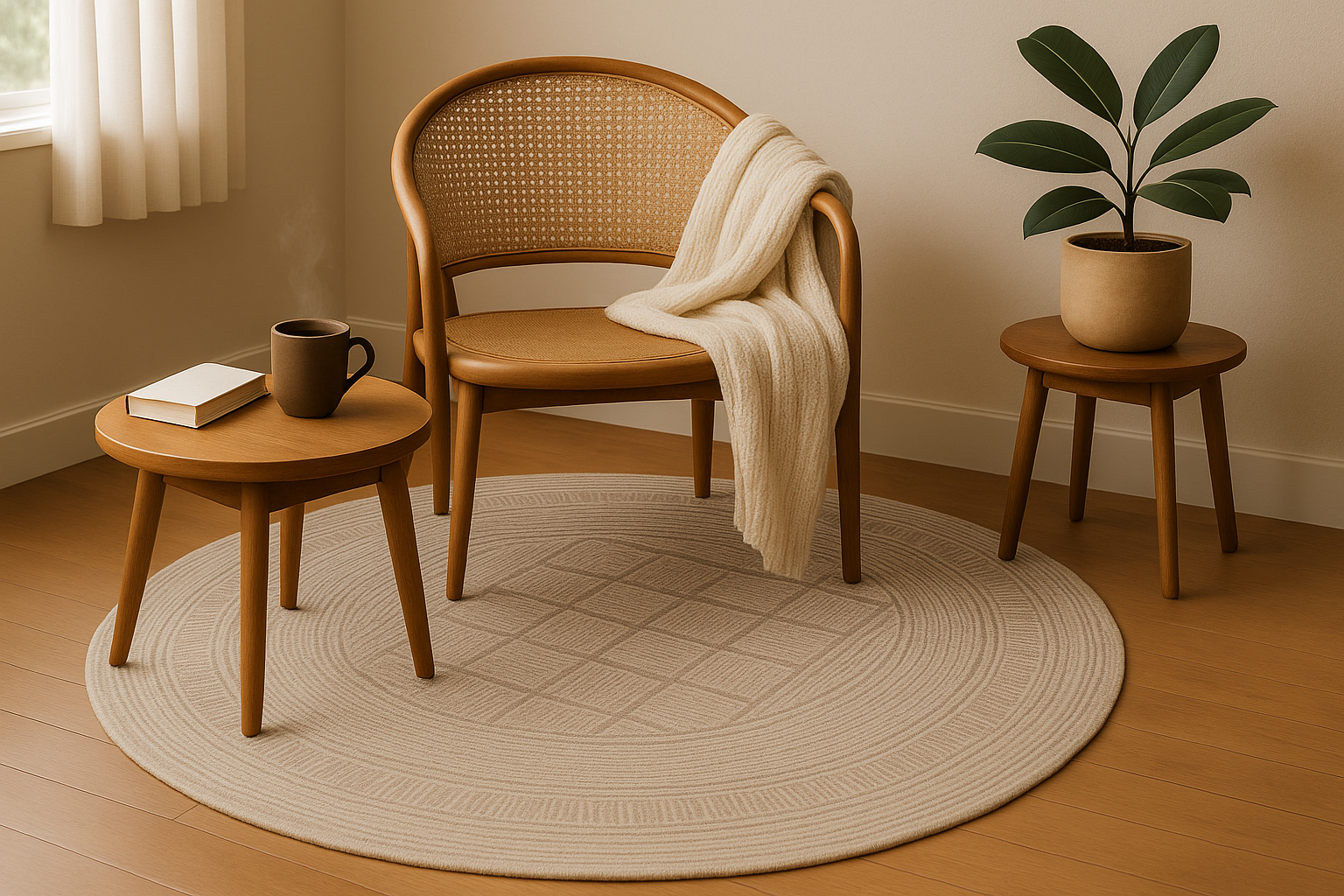 Modern living room with a round beige geometric rug and wooden furniture.