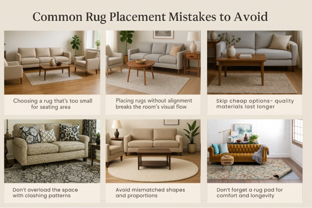 Infographic showing six living room rug setups with tips: avoid rugs that are too small, poor placement, cheap materials, clashing patterns, mismatched shapes and skipping a rug pad.