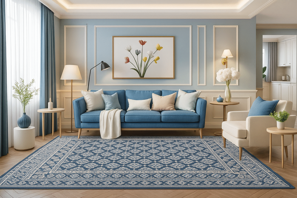Colorful Contemporary rug placed in a bright interior with modern furniture – an example of modern living room rugs matching with décor.