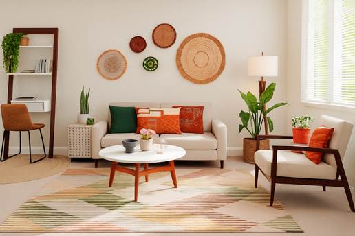 Grey living room rug styled with a light sofa and wooden accents, creating a calm and balanced modern interior.