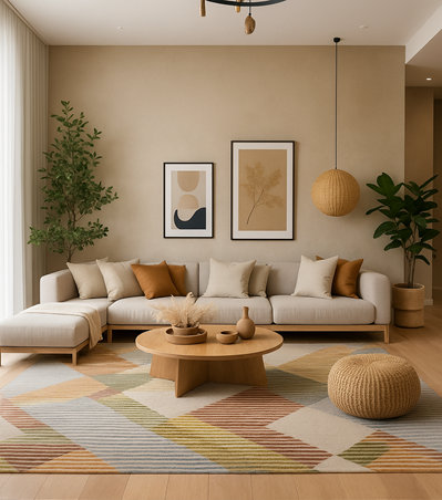 Modern living room with colorful geometric pattern rugs hand-tufted design and luxury home décor.