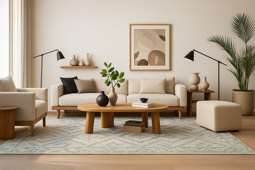 Modern minimalist living room with light sofas, wooden furniture and a soft blue patterned rug.