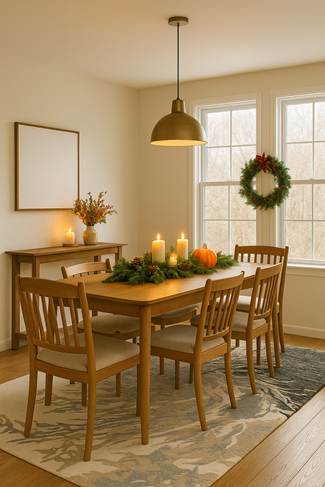 Dining room with wooden table and festive Thanksgiving decor on patterned rug