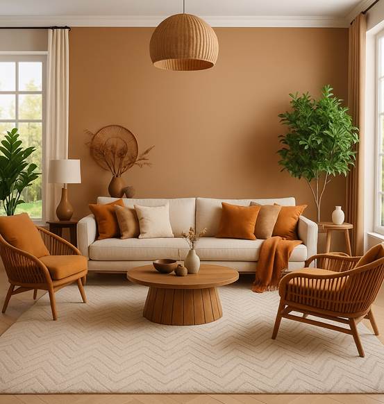 Warm-toned living room with terracotta accents, wooden furniture and a beige textured rug.