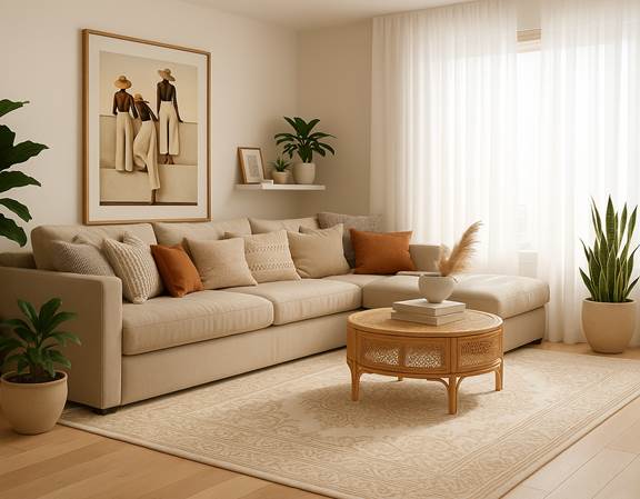 Neutral living room with beige sofa, matching rug and warm-toned cushions in a cozy modern setup.
