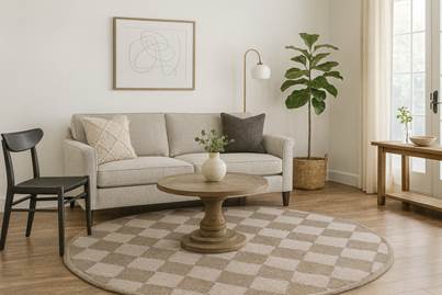 A top-view image of a rug with a repeating diamond pattern in beige and brown tones, featuring fine horizontal lines that give the design a textured, handwoven appearance.