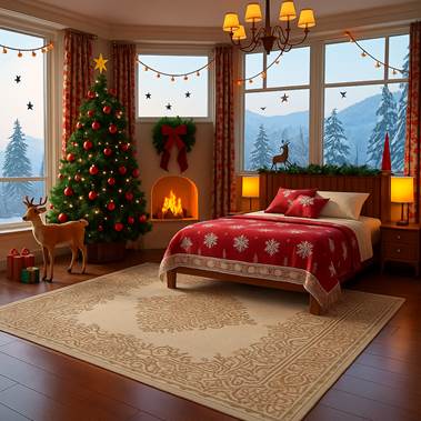 Elegant Christmas room with a beige patterned rug, decorated tree, chandelier and fireplace.
