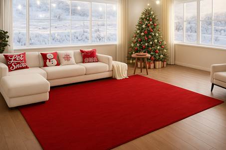 Christmas living room with a large red rug, decorated tree, fireplace and wrapped gifts.