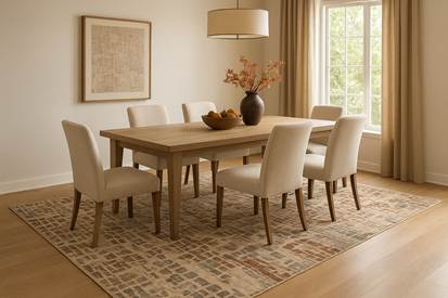 Simple dining setup with beige chairs and textured rug