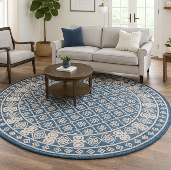 A top-view image of a navy blue round rug in living room featuring an abstract, wavy ocean-inspired pattern with textured detailing across the surface.