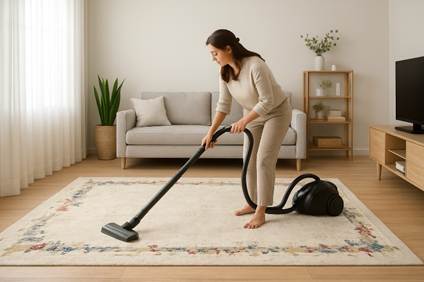 Woman vacuuming a light-coloured area rug in a minimal modern living room setup