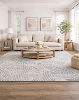 Blue geometric rug in a modern living room