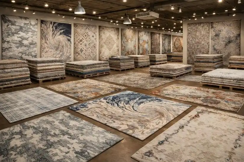 Bhadohi rug capital of India showcasing handmade rugs in a premium showroom – Hasida Rugs Collection