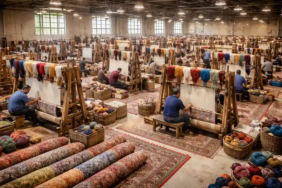 Bhadohi rug manufacturing hub with artisans working on handmade carpets – Hasida Rugs Collection