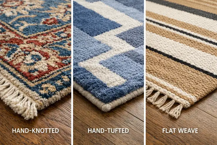 Comparison of hand-knotted, hand-tufted and flat weave rugs showing texture, construction and design variations – Hasida Rugs Collection