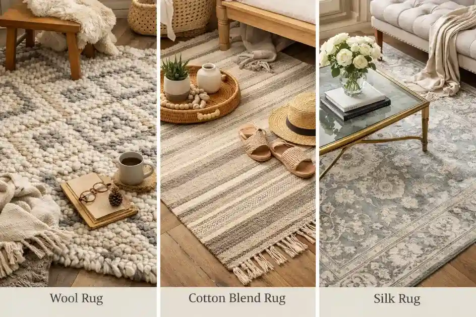 Comparison-of-wool-cotton-and-silk-handmade-rugs-showing-texture-durability-and-ideal-usage-in-different-rooms-–-Hasida-Rugs-Collection
