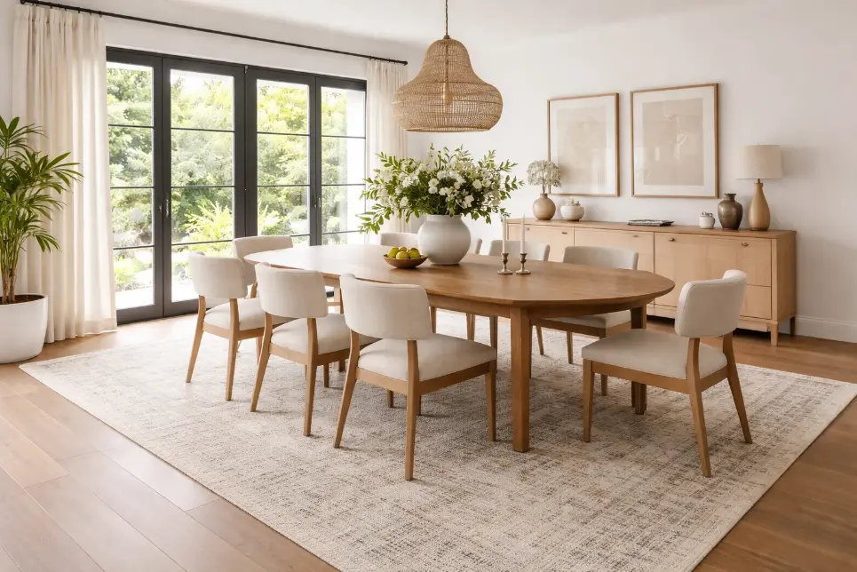 Dining room rug under table with chairs fully on rug demonstrating correct rug size and placement – Hasida Rugs Collection