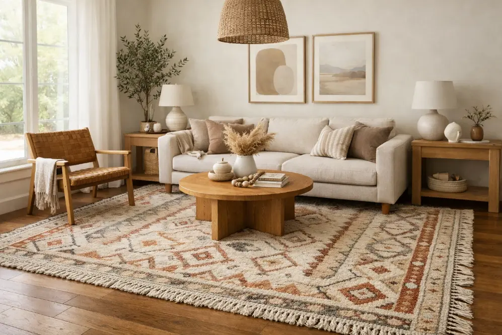 Handmade rug in modern living room with sofa and coffee table creating warm and elegant home decor – Hasida Rugs Collection