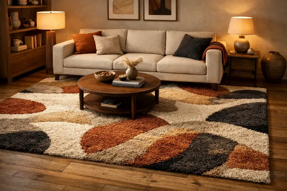 Handmade rug in modern living room setting showcasing craftsmanship and premium quality for private label rug brands – Hasida Rugs Collection