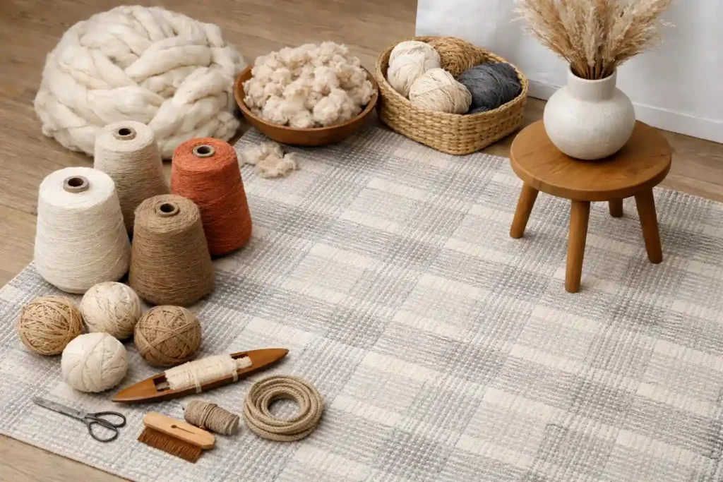 Handmade wool rug from Bhadohi showcasing natural materials and sustainable craftsmanship – Hasida Rugs Collection
