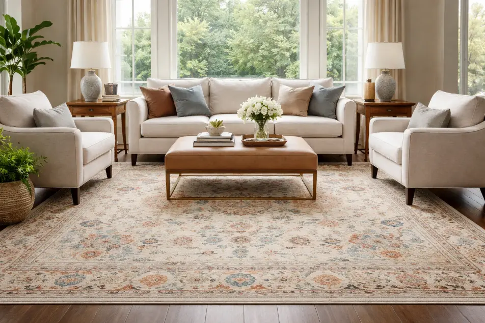 Living room rug placement with sofa front legs on rug showing correct handmade rug size and layout – Hasida Rugs Collection (1)