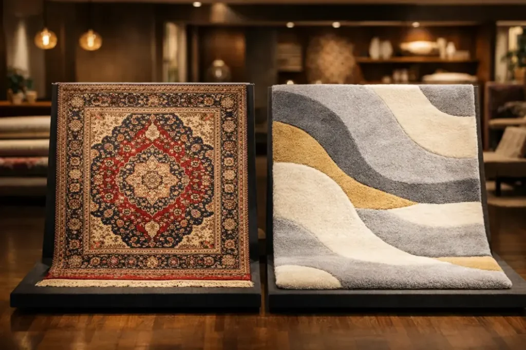 Hand knotted vs hand tufted rugs displayed in a modern showroom setting – Hasida Rugs Collection