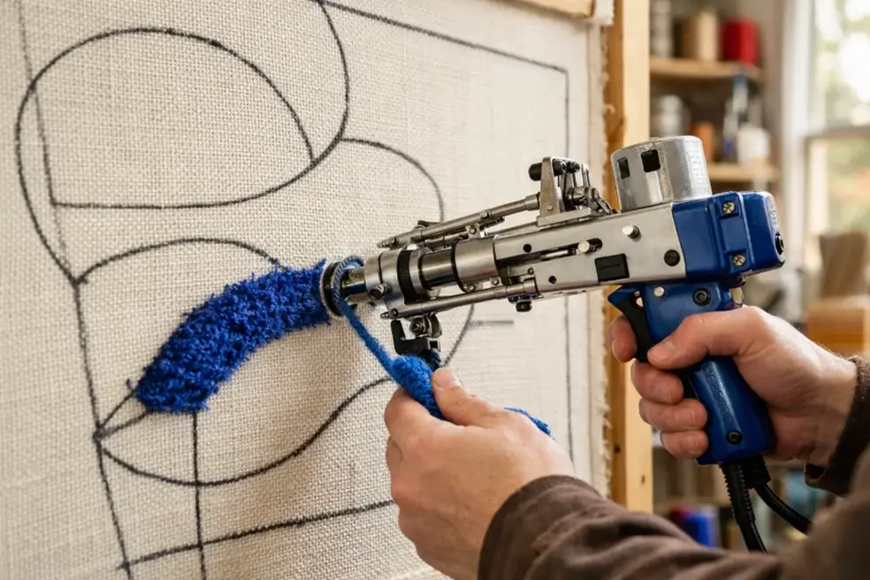 Artisan making a hand tufted rug using a tufting gun on canvas base – Hasida Rugs Collection