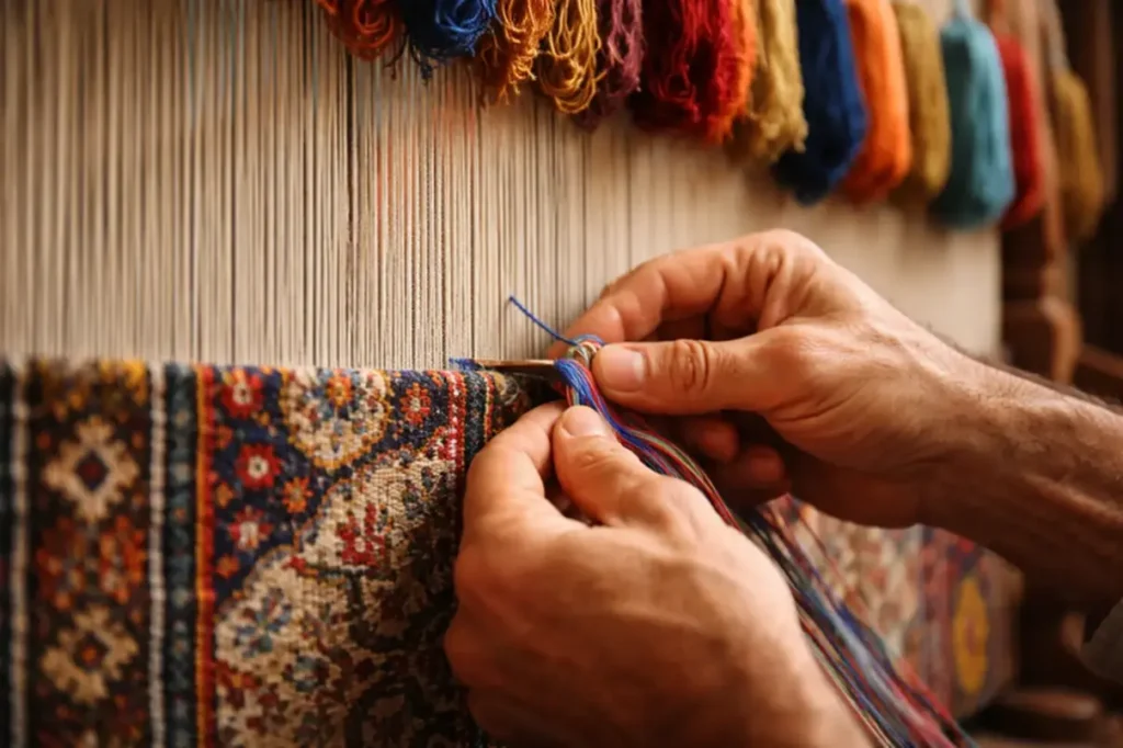 Artisan hand knotting a rug on a loom showing detailed craftsmanship – Hasida Rugs Collection