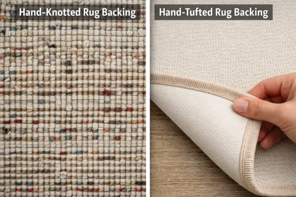 Difference between hand knotted and hand tufted rugs showing back side comparison- Hasida Rugs Collection
