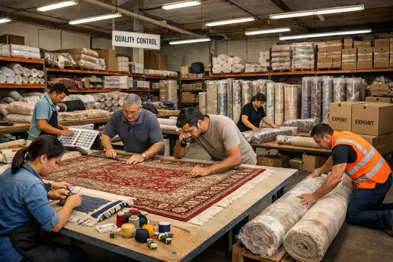 Private label rug manufacturing process with sample checking, quality control and packaging for export – Hasida Rugs Collection