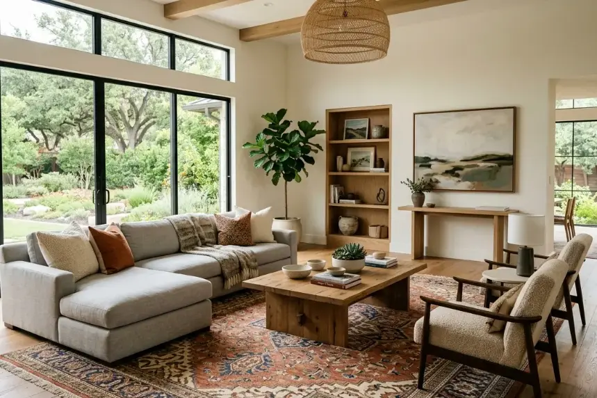 Oversized handmade rug anchoring furniture in a living room – Hasida Rugs Collection