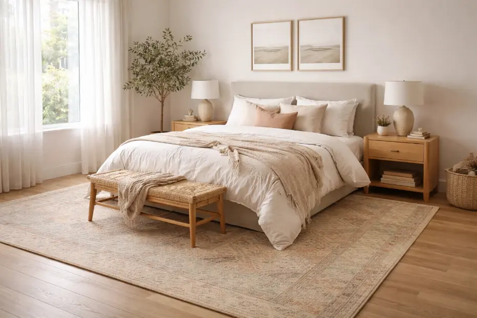 Bedroom with handmade rug under bed in neutral tones creating cosy and comfortable space – Hasida Rugs Collection