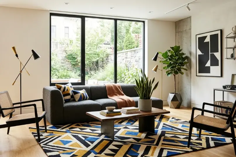 Bold geometric handmade rug defining modern interior space with strong patterns – Hasida Rugs Collection